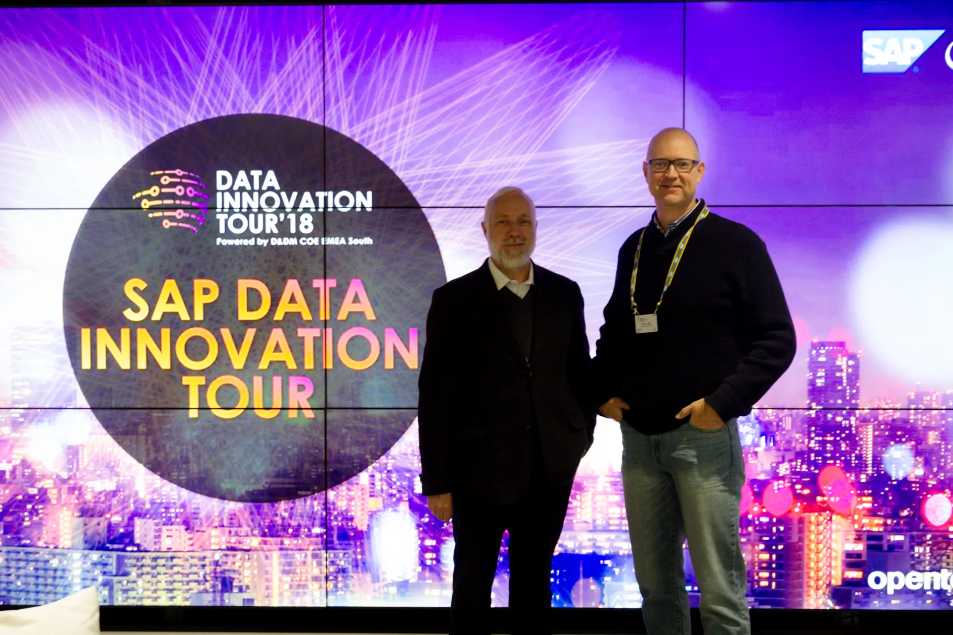 SAP Data Innovation Tour 2018 graphic on an LED wall with SAP and OpenText marks