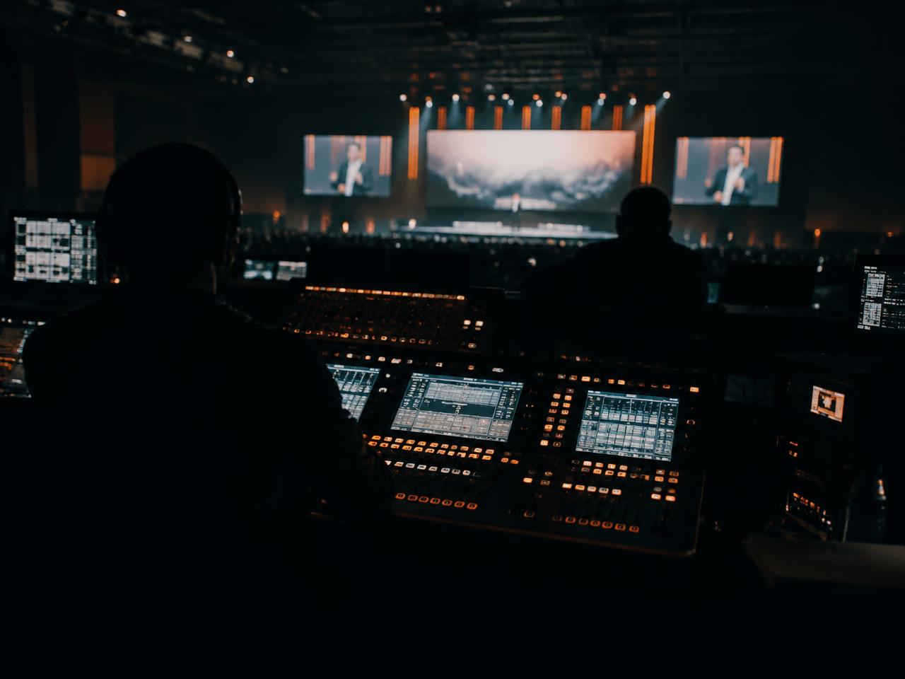 Sound and lighting control desk during an event